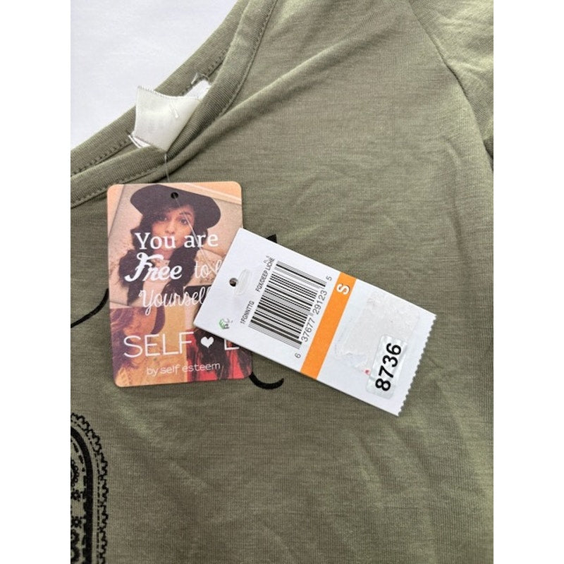 Self E Short Cold-Shoulder Graphic Blouse T-Shirt Olive Green Womens Size S