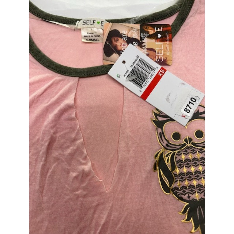 Self Esteem Owl Graphic Print Tunic Top Short Sleeve Round Hem Pink Women XS