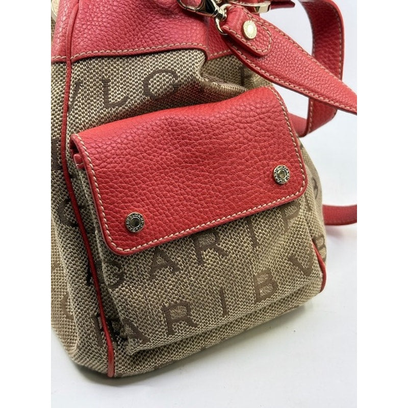 BVLGARI Canvas Leather Logo Mania Satchel Shoulder Bag Detachable Strap Brown