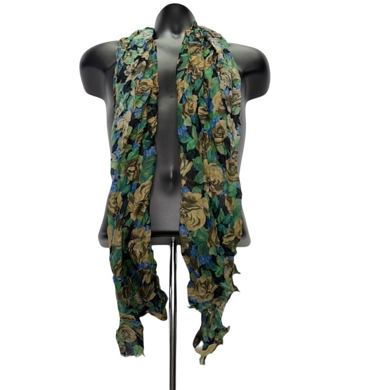 Patricia Nash Floral Scarf Lightweight Viscose Fringe Wrap Green Blue Brown