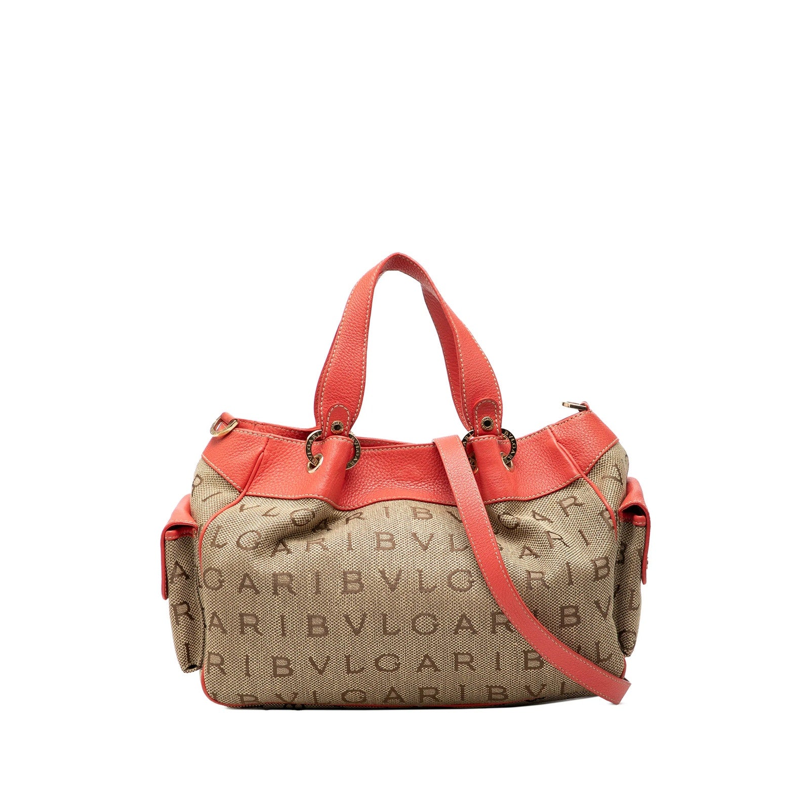 BVLGARI Canvas Leather Logo Mania Satchel Shoulder Bag Detachable Strap Brown