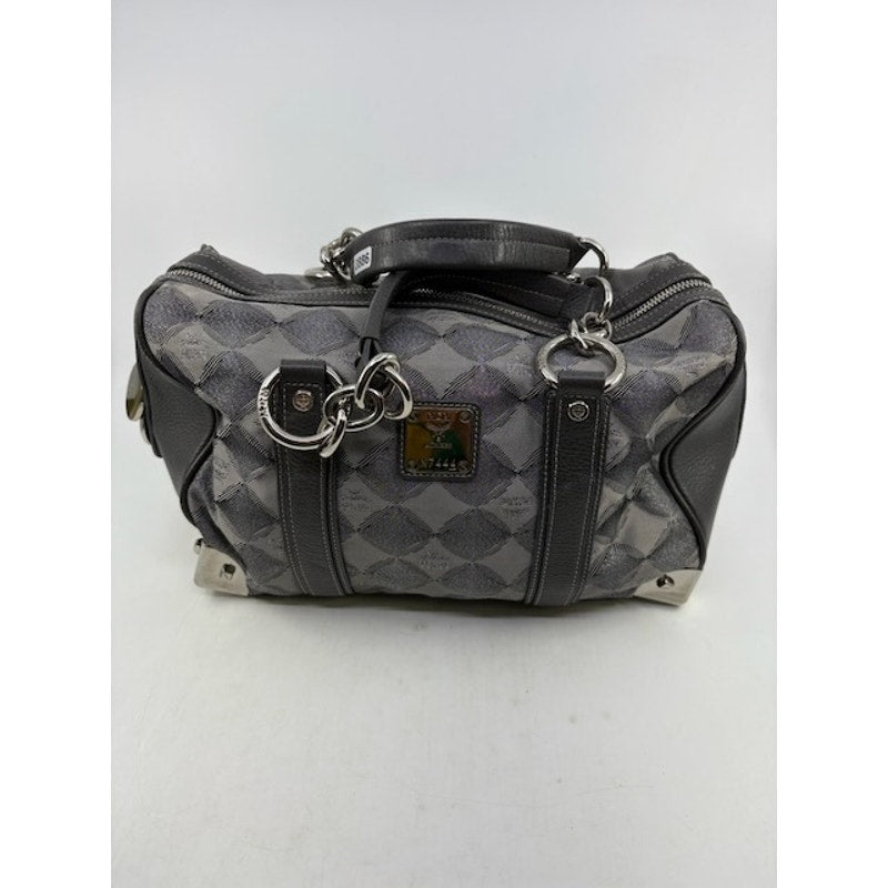 MCM Visetos Boston Bag Satchel Leather-Trimmed Hand Bag Chain Handle Grey Womens