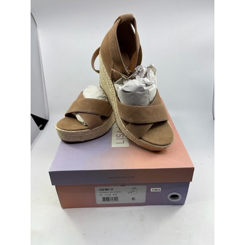 Lisa Vicky Gemi Platform Espadrille Wedge Sandal Suede Cognac Womens Sz 6.5