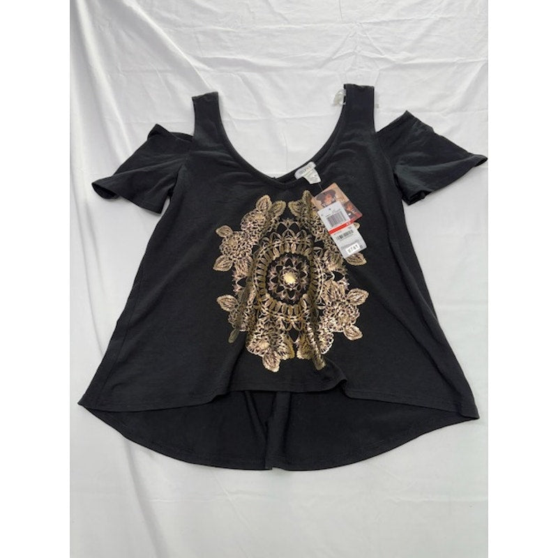 Self Esteem Cold Shoulder Top Gold Mandala Graphic V-Neck Black Womens Sz XS