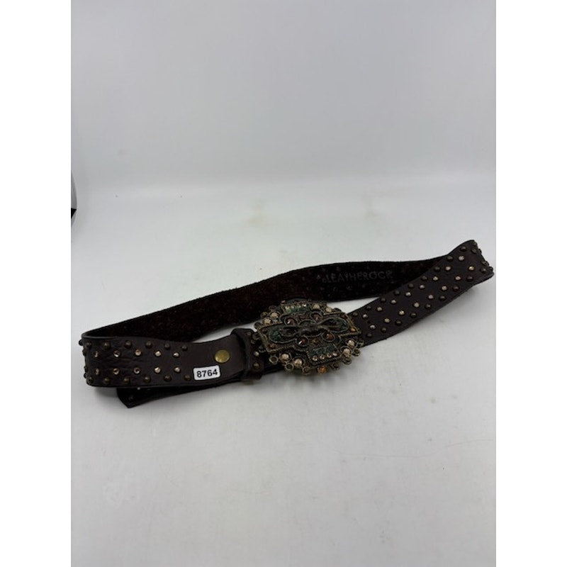 Leatherock Belt Studded Leather Crystal Buckle Western Boho Brown Womens Size L