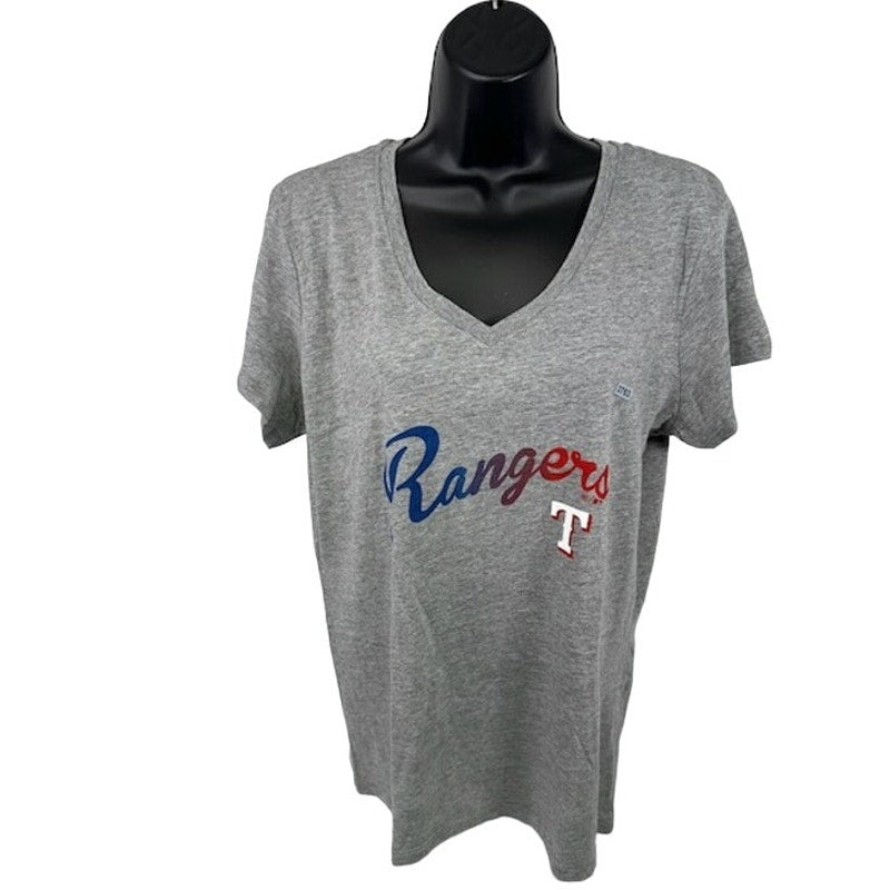 47 Brand Texas Rangers T-Shirt Cooperstown Collection Wahconah V-Neck Gray Womens Size L