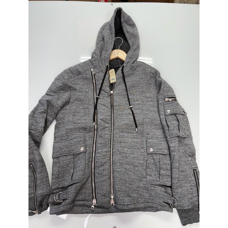 Balmain Quilted Biker Hoodie Two-Way Zip Flap Pockets Gray Mens Size XL