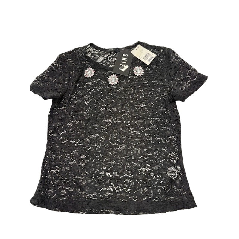 NWT Shift Embellished Floral Gem Lace Top Short Sleeve Black Womens Size Medium