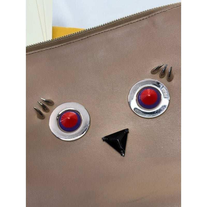 Fendi Studded Monster Eyes Zip Pouch Leather Clutch Bag Silver-Tone Beige Womens