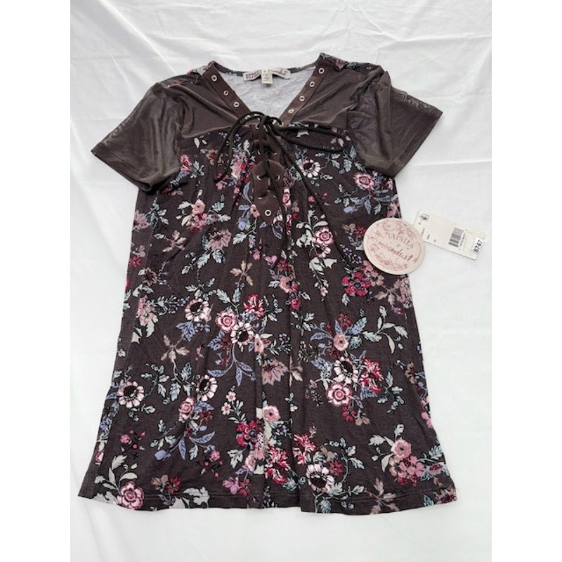 Gypsies & Moondust Floral Lace Up Blouse Short Sleeve Purple Womens Size XS