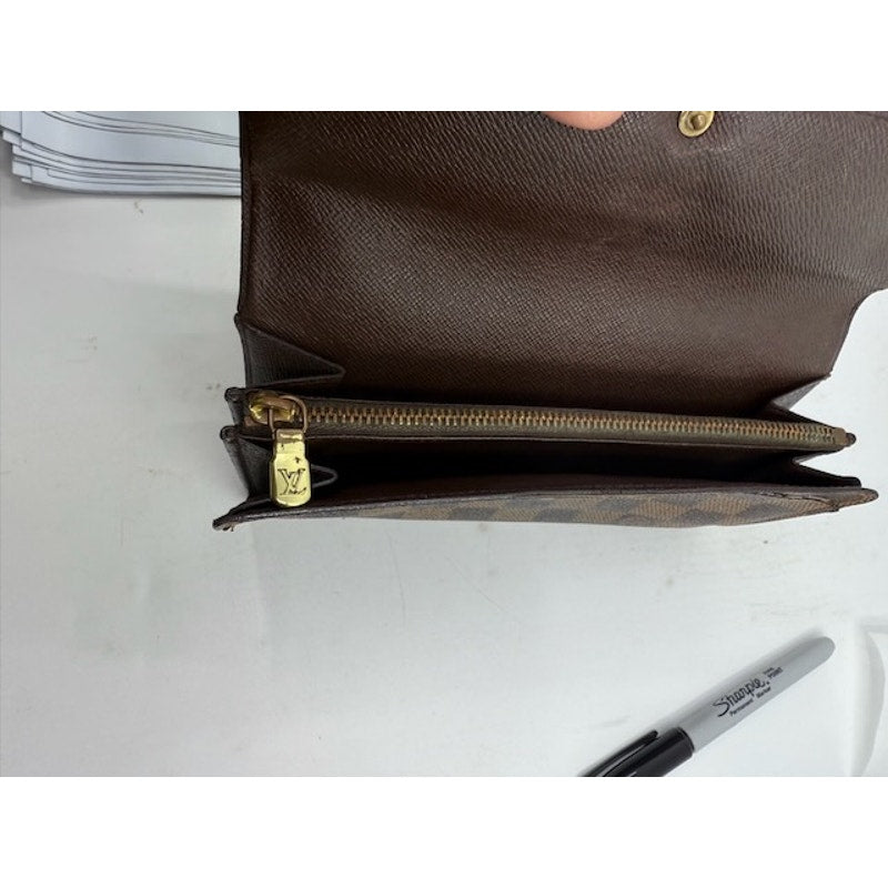 Louis Vuitton Damier Ebene Canvas Leather Bifold Long Wallet Brown Womens