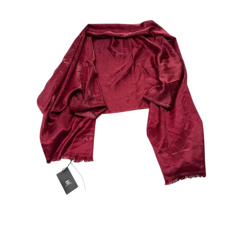 Chanel Scarf Metallic Check Wool Acrylic Blend Wrap Shawl Burgundy Red OS