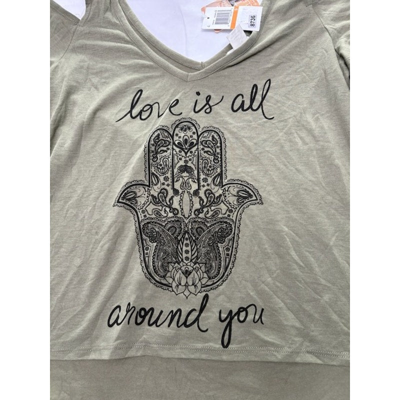 Self E Short Cold-Shoulder Graphic Blouse T-Shirt Olive Green Womens Size S