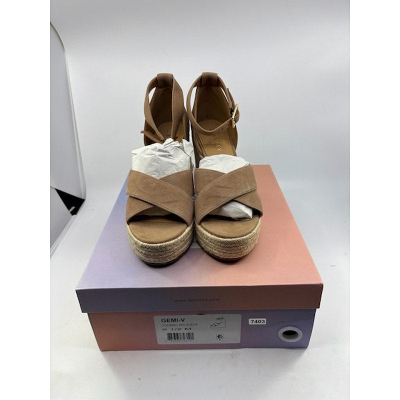 Lisa Vicky Gemi Platform Espadrille Wedge Sandal Suede Cognac Womens Sz 6.5