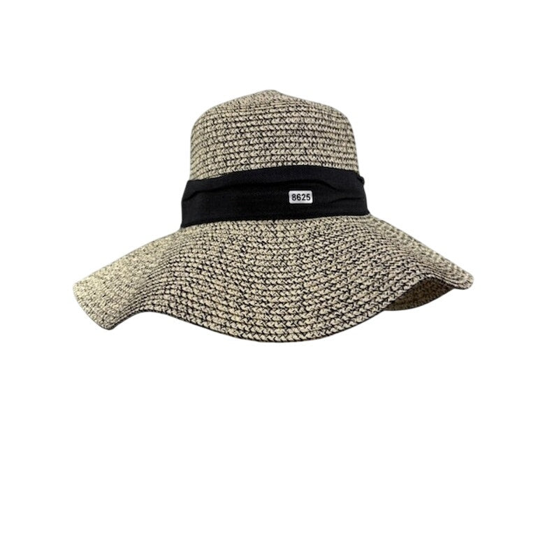 BC25 Straw Wide Brim Sun Hat Ribbon Floppy Summer Cap Beige Black Womens OS