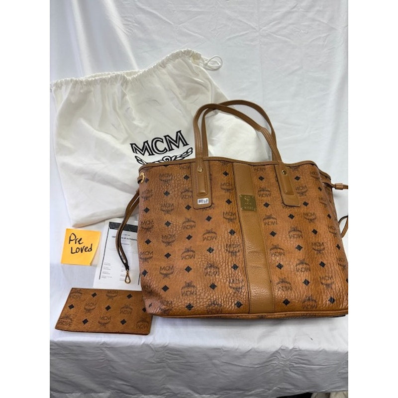 MCM Liz Reversible Visetos Cognac Shopper Tote Bag With Wallet Set Brown Large