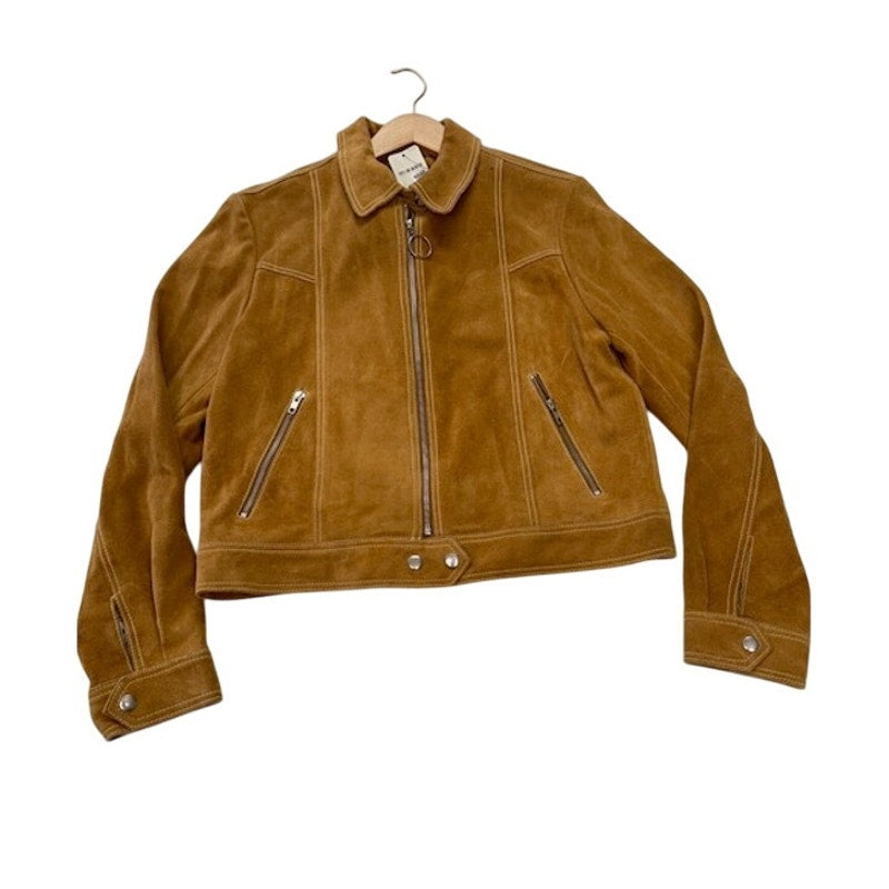Free People Suede Leather Moto Jacket Front Zipper Pockets Brown Womens Size L
