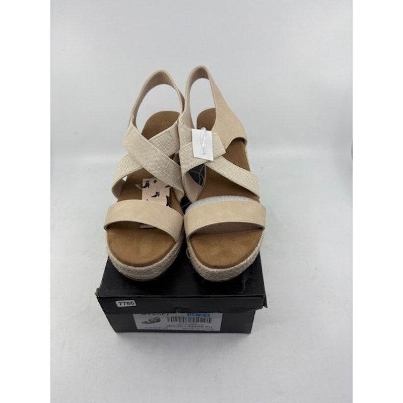 mysoft Platform Espadrille Wedge Sandals Elastic Strap Beige PU Womens 6.5