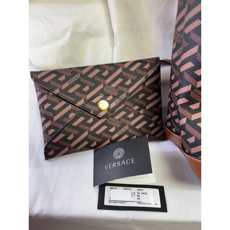 Versace La Greca Medusa Smiley Tote Bag Monogram Canvas Shopper Set Brown
