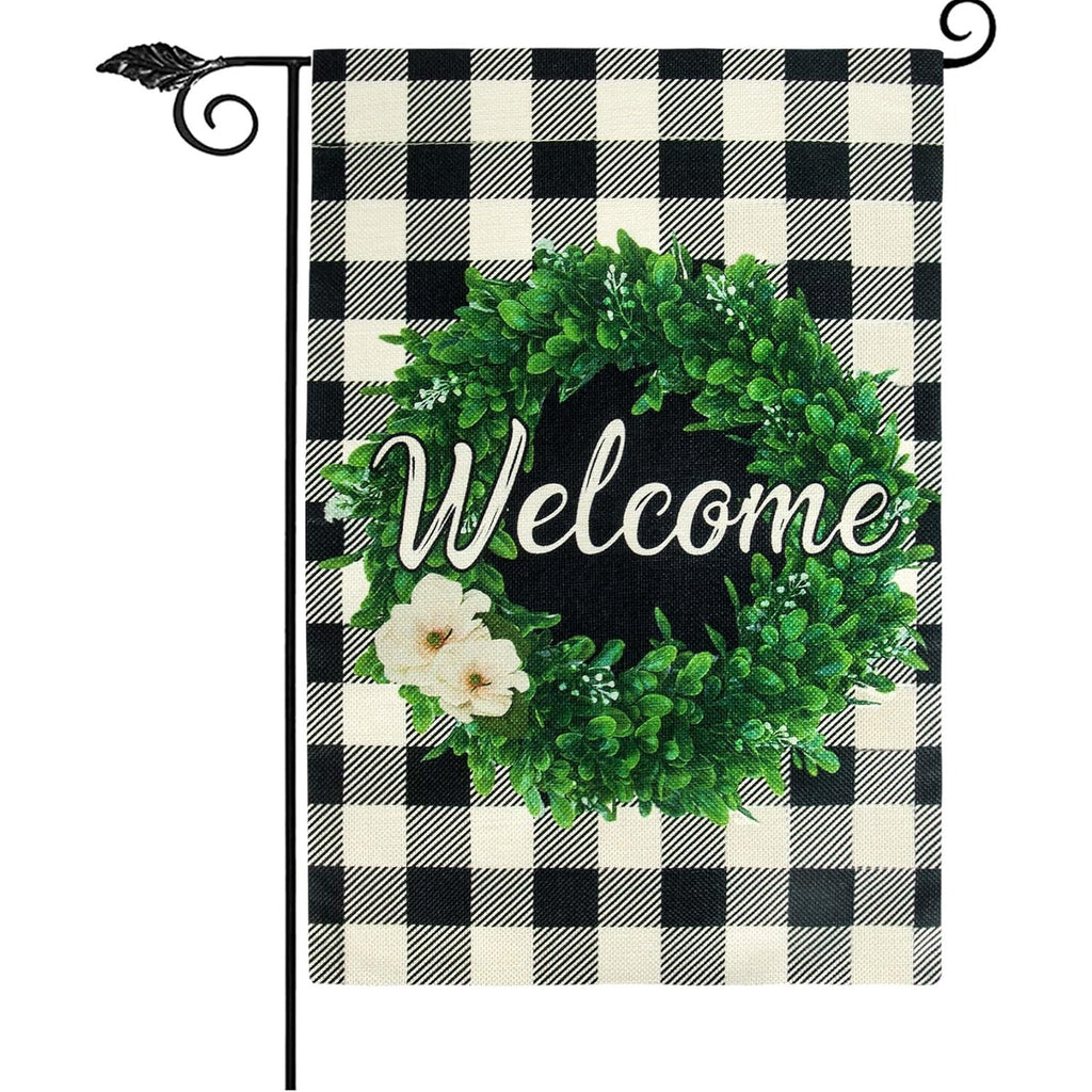 Set Of 2 Unves Boxwood Wreath Winter Welcome Garden Flag Plaid 28"X40"