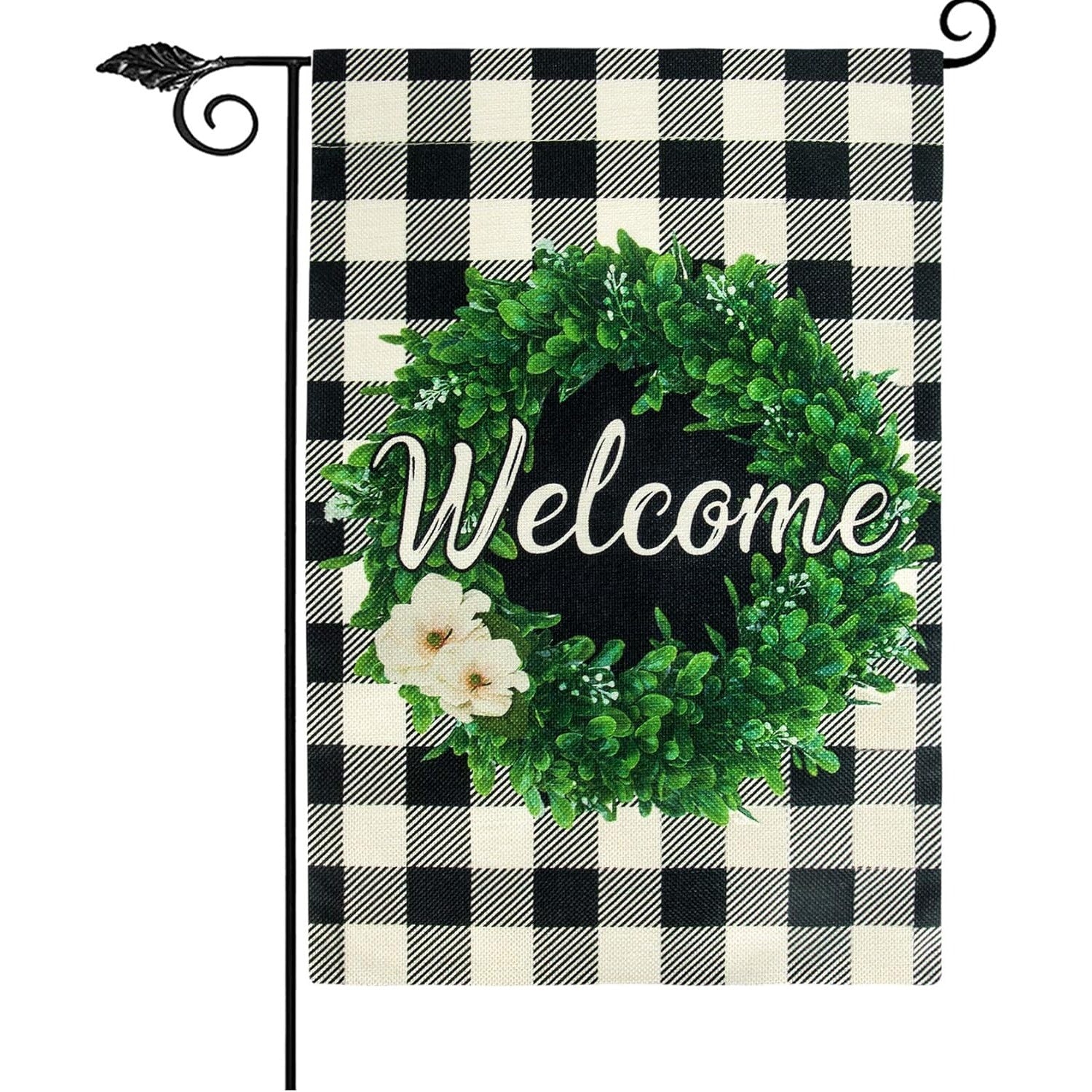 Set Of 2 Unves Boxwood Wreath Winter Welcome Garden Flag Plaid 28"X40"