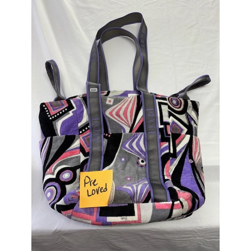 Emilio Pucci Tote Bag Abstract Print Velour Open Top Shoulder Bag Purple Pink