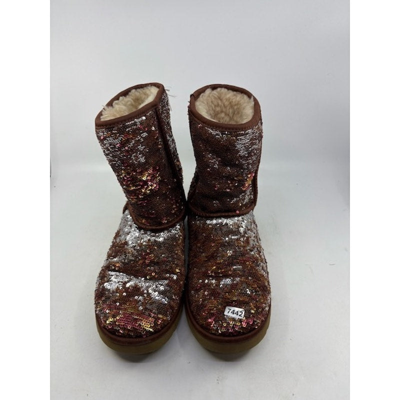 UGG Sequin Embellishments Mid-Calf Snow Boots Shearling Trim Brown Womens Size 7