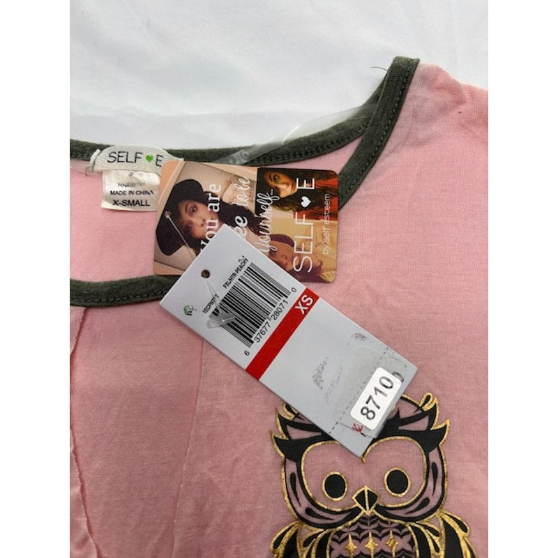 Self Esteem Owl Graphic Print Tunic Top Short Sleeve Round Hem Pink Women XS