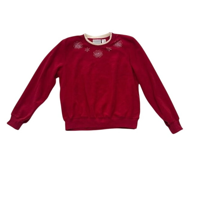 Alfred Dunner Sweater Rhinestone Floral Crewneck Pullover Red Petite PS