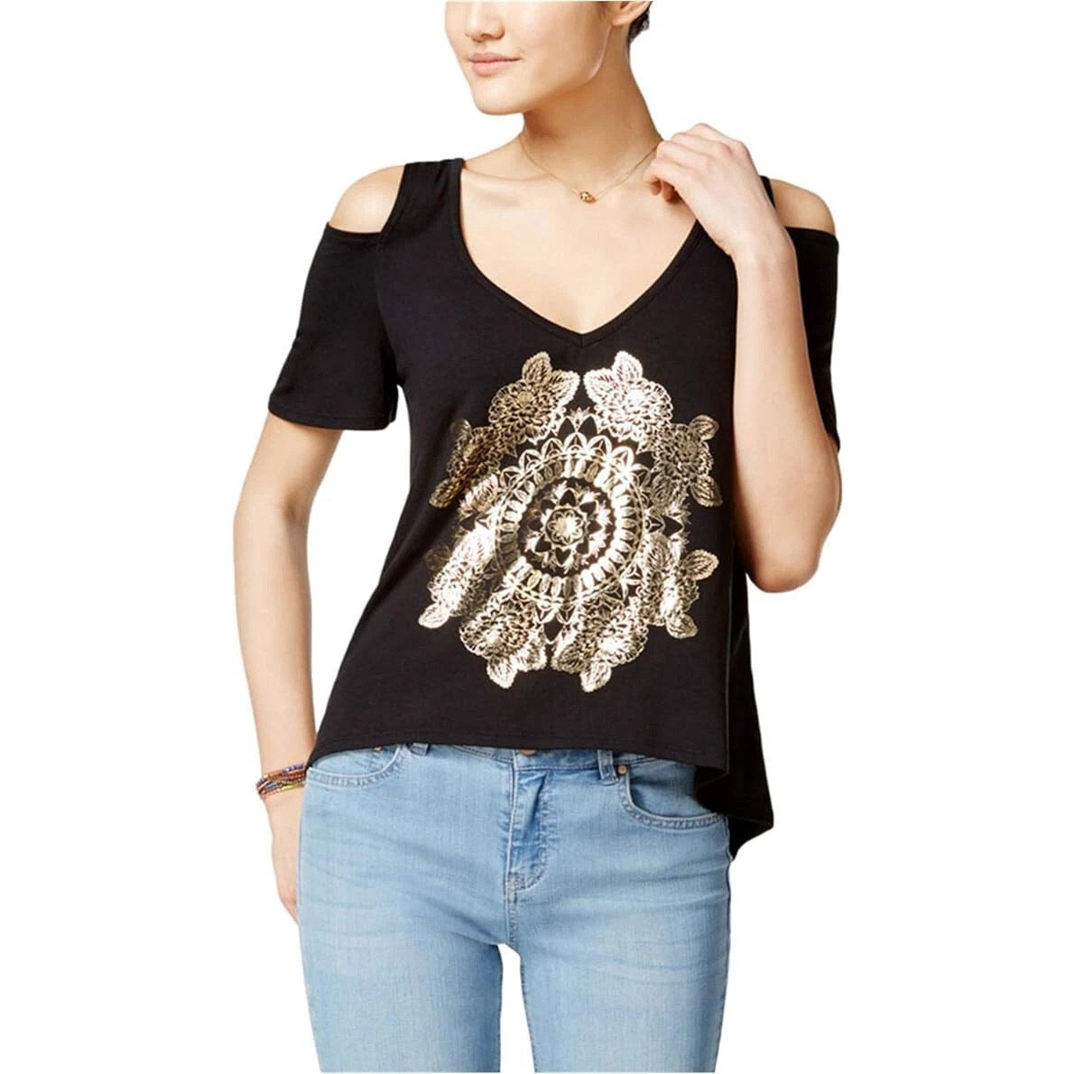 Self Esteem Cold Shoulder Top Gold Mandala Graphic V-Neck Black Womens Sz XS