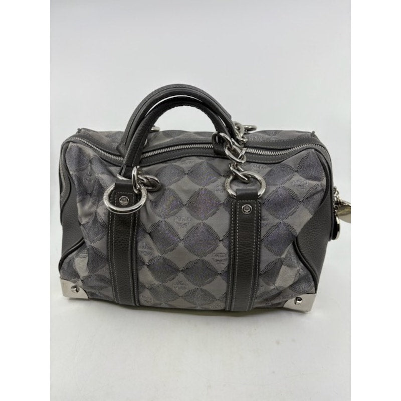 MCM Visetos Boston Bag Satchel Leather-Trimmed Hand Bag Chain Handle Grey Womens