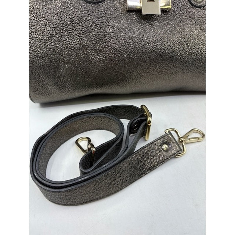 Jimmy Choo Grainy Leather Gunmetal Metallic Rosalie Satchel Bag Dark Brown