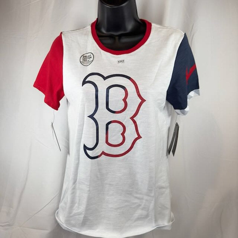 Nike Dri-Fit MLB Boston Red Sox Slub Two-Tone Logo T-Shirt White Womens Size XS