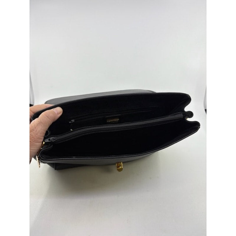 Gucci Vintage Leather Top Handle Satchel Turn Lock Handbag Classic Italy Black