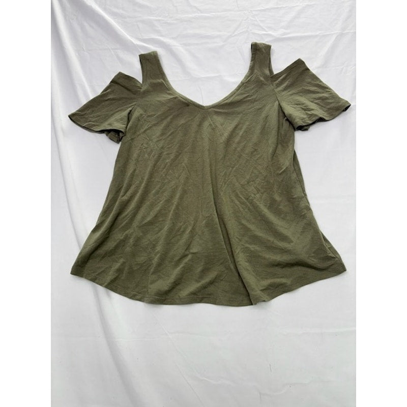 Self E Short Cold-Shoulder Graphic Blouse T-Shirt Olive Green Womens Size S