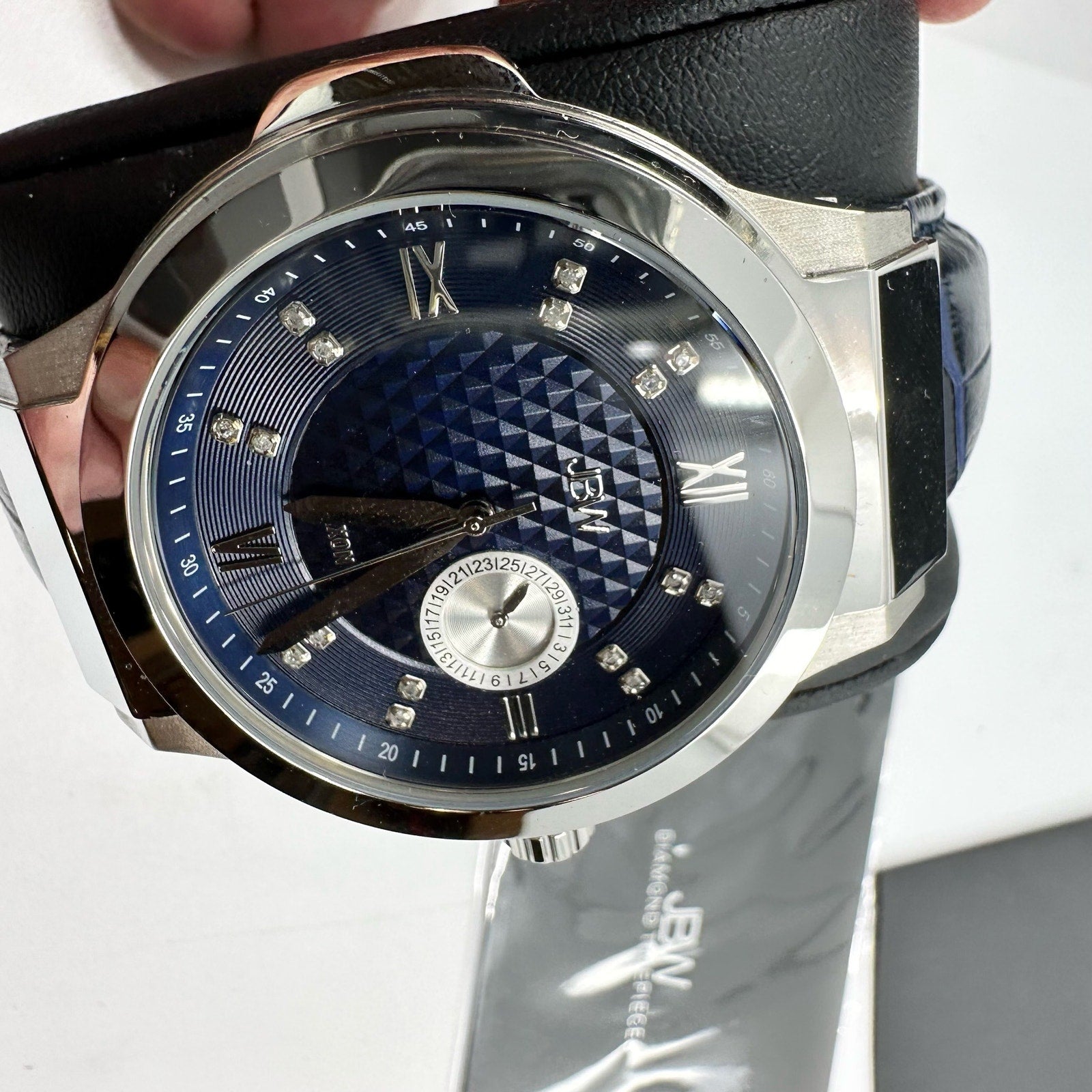 Saxon 48 Genuine Leather Dial Wrist Watch Stainless Steel Blue Silver-Tone