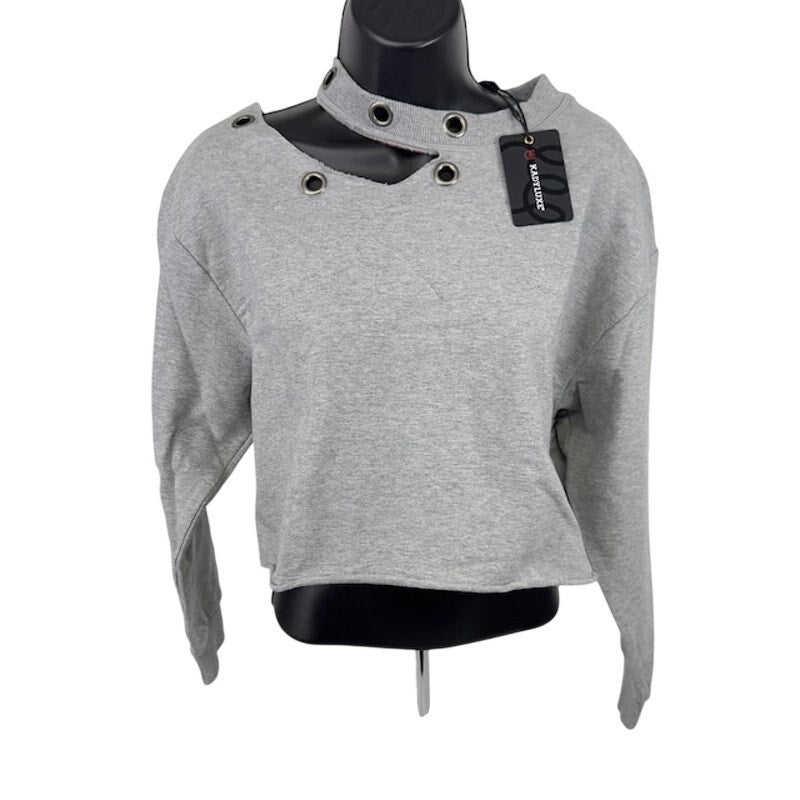 Kady Luxe Dog Collar Pullover Sweatshirt Raw Hem Crop Heather Gray Womens XS