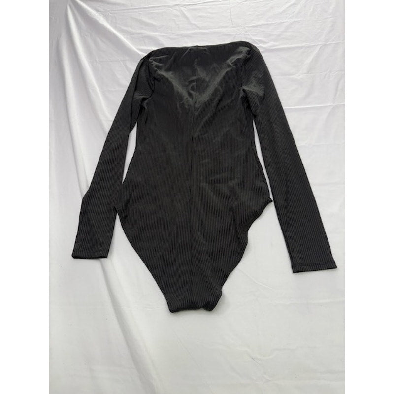 Material Girl Lace Up Rib Knit Long Sleeve Bodysuit V-Neck Black Womens M