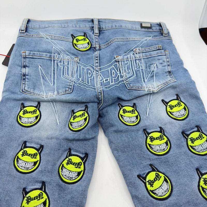 Philipp Plein Evil Smile Bermuda Shorts Denim Light Wash Blue Juniors Size 16