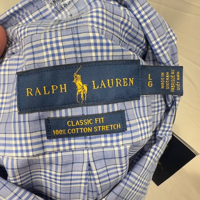 Ralph Lauren Button Down Shirt Long Sleeve Stretch Plaid Blue White Mens Size L