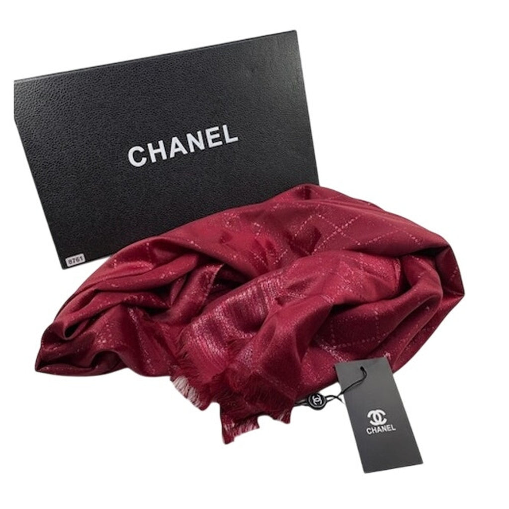 Chanel Scarf Metallic Check Wool Acrylic Blend Wrap Shawl Burgundy Red OS