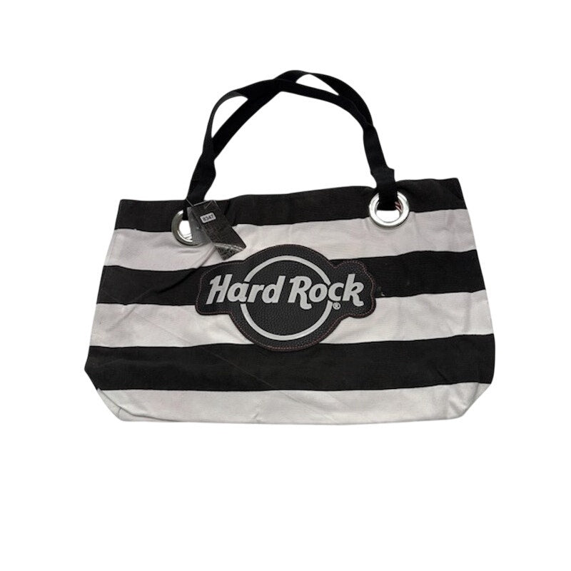 Hard Rock Canvas Tote Bag Logo Leather Zipper Shoulder Bag Striped Black White