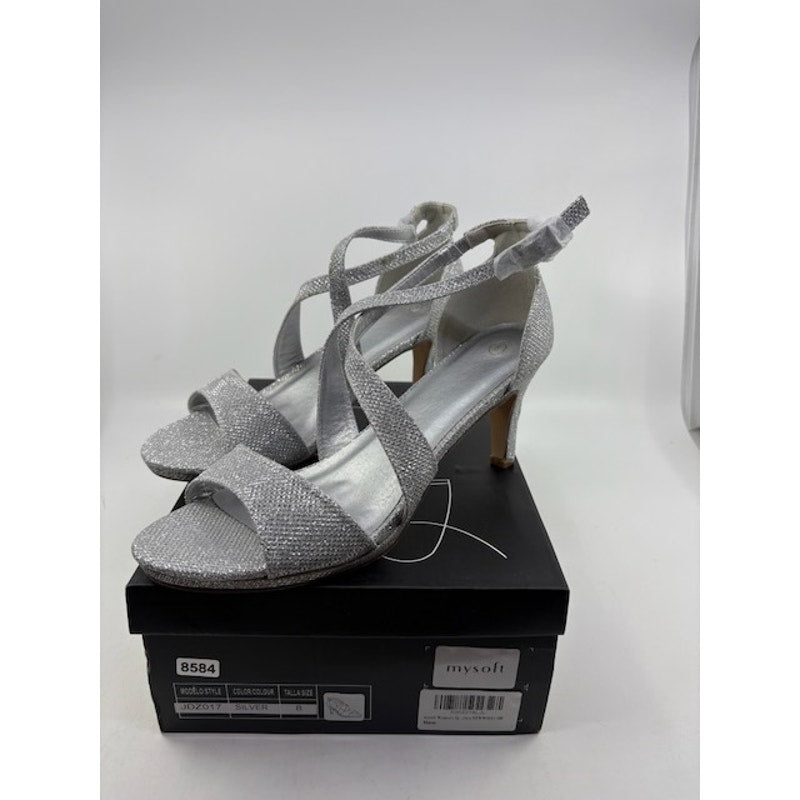 Mysoft Heels Sparkly Strappy Wedding Shoes Open Toe Pump Heel Silver Size 8
