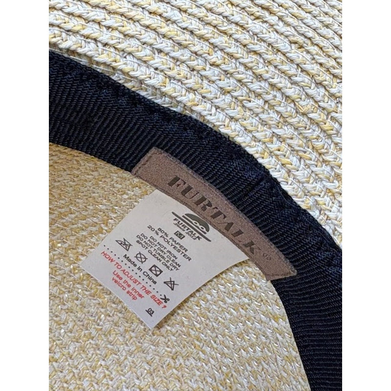 FURTALK Wide Brim Straw Sun Hat Adjustable Cap Beige Black Band Womens Sz M