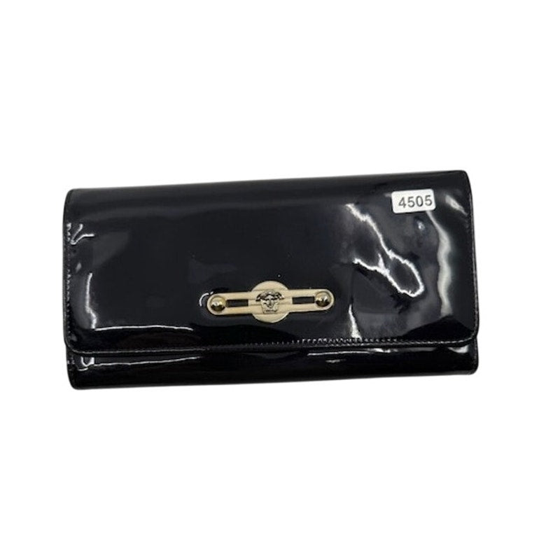 Versace Bifold Clutch Long Wallet Snap Closure Patent Leather Black Womens