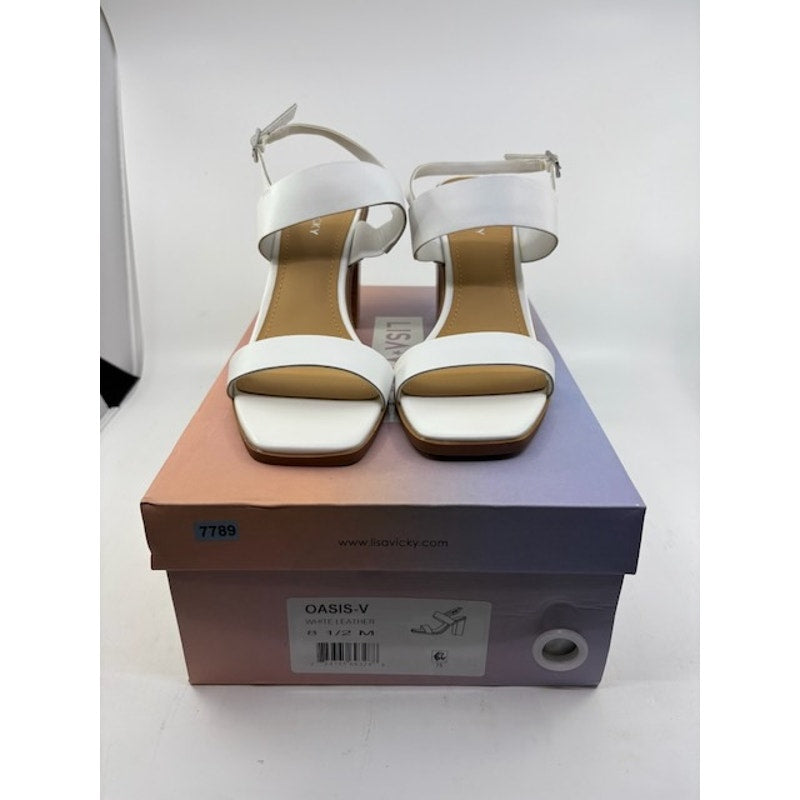 Lisa Vicky Oasis-V Leather Block Heel Sandals Ankle Strap White Womens 8.5