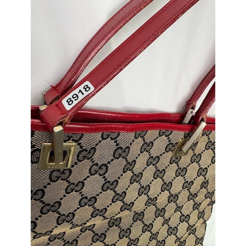 GUCCI GG Canvas Leather Open Top Vintage Tote Bag Gold-Tone Hardware Brown/Red