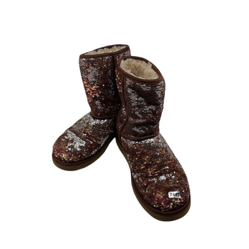 UGG Sequin Embellishments Mid-Calf Snow Boots Shearling Trim Brown Womens Size 7