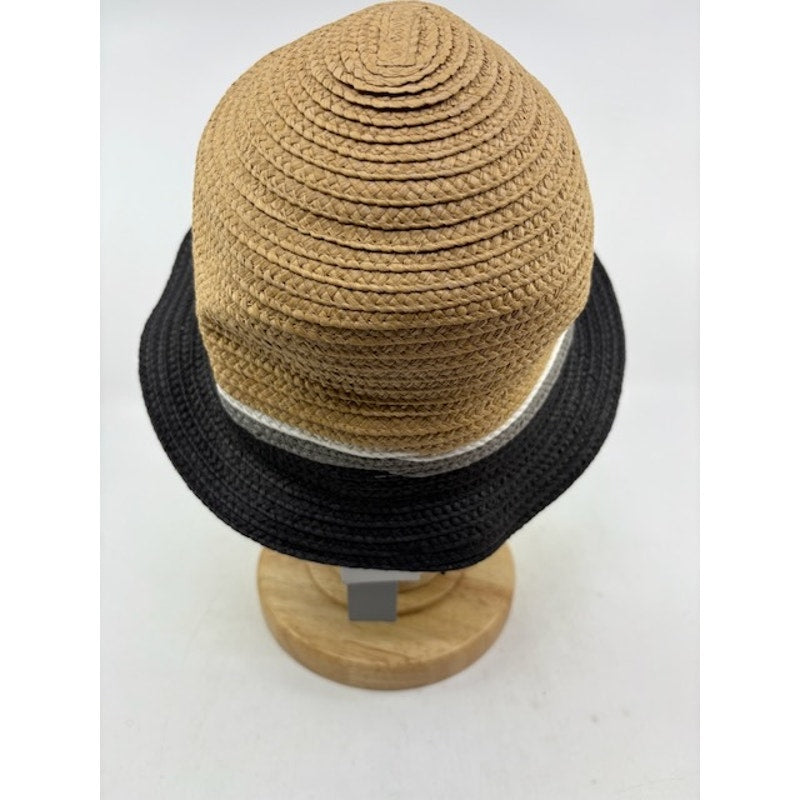 Perry Ellis Portfolio Straw Bucket Hat Summer Sun Cap Tan Black Stripe L/XL