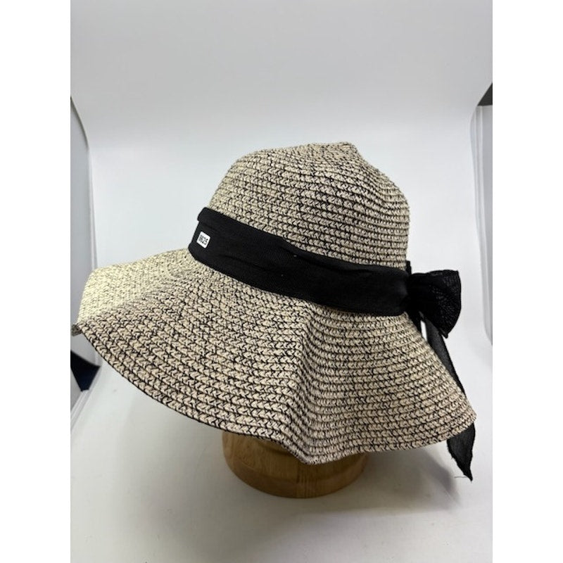 BC25 Straw Wide Brim Sun Hat Ribbon Floppy Summer Cap Beige Black Womens OS